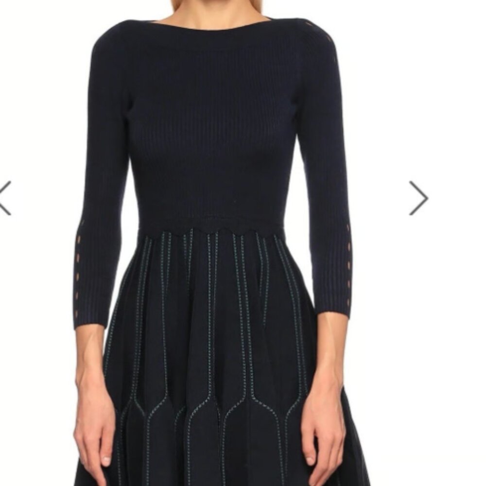 Sandro Paris Ribbed Knit Pleated Fit&Flare Pointell Dress Boatneck size 38 - Picture 2 of 10